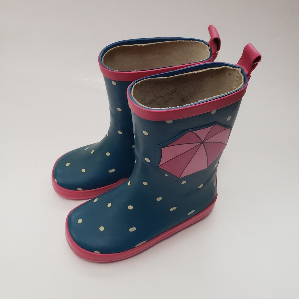 Girl's Wippette Rain Boots Sz 8 Blue Polka Dot Outdoor Waterproof Shoe Pull On
